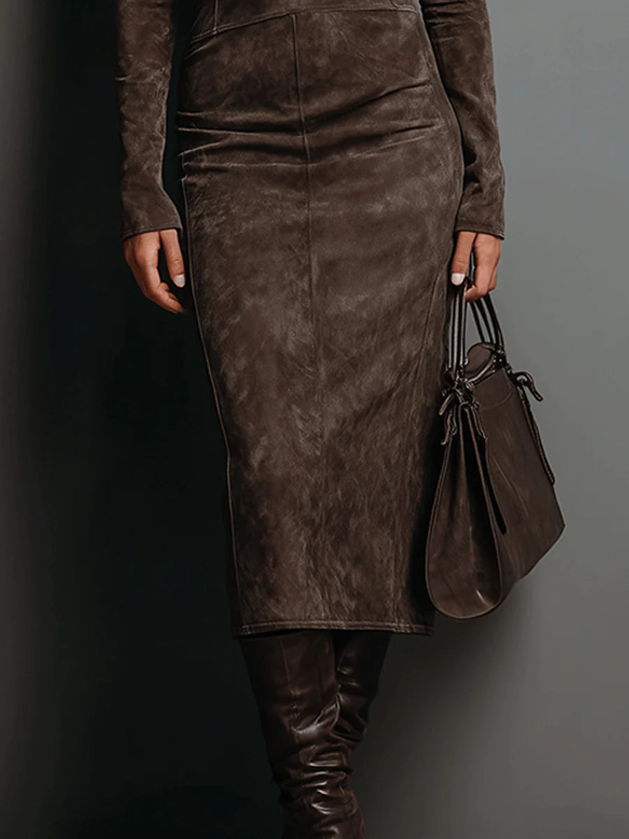 Ilaria™ - Midi Dress in Suede with High Collar and Long Sleeves
