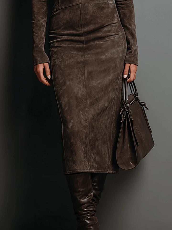 Ilaria™ - Midi Dress in Suede with High Collar and Long Sleeves