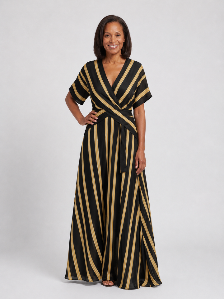 Lina | Striped Wrap Midi Dress with Short Sleeve and V-Neck