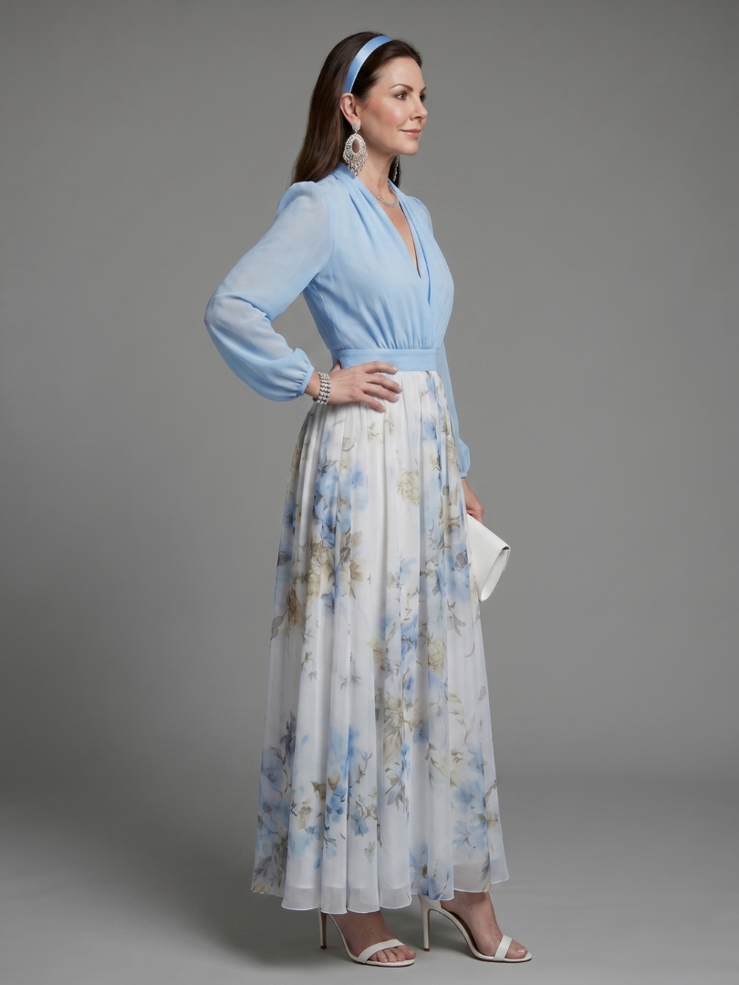 Augusta | Floral Maxi Dress with Sheer V-Neck Bodice