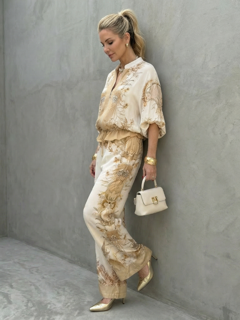 Indie | Printed Zip Front Blouson Top Two-Piece Set