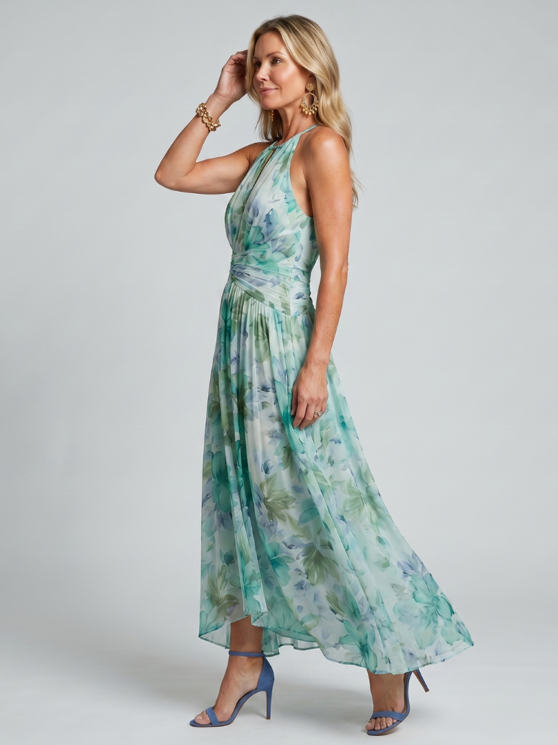 Portia | Pleated Halterneck Midi Dress with Floral Pattern