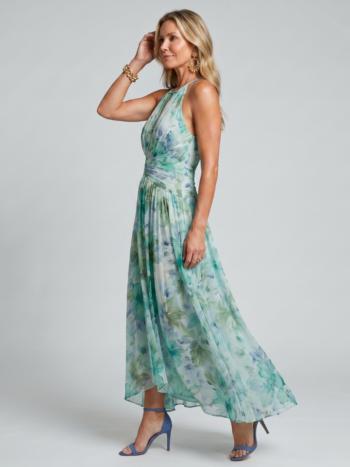 Portia | Pleated Halterneck Midi Dress with Floral Pattern