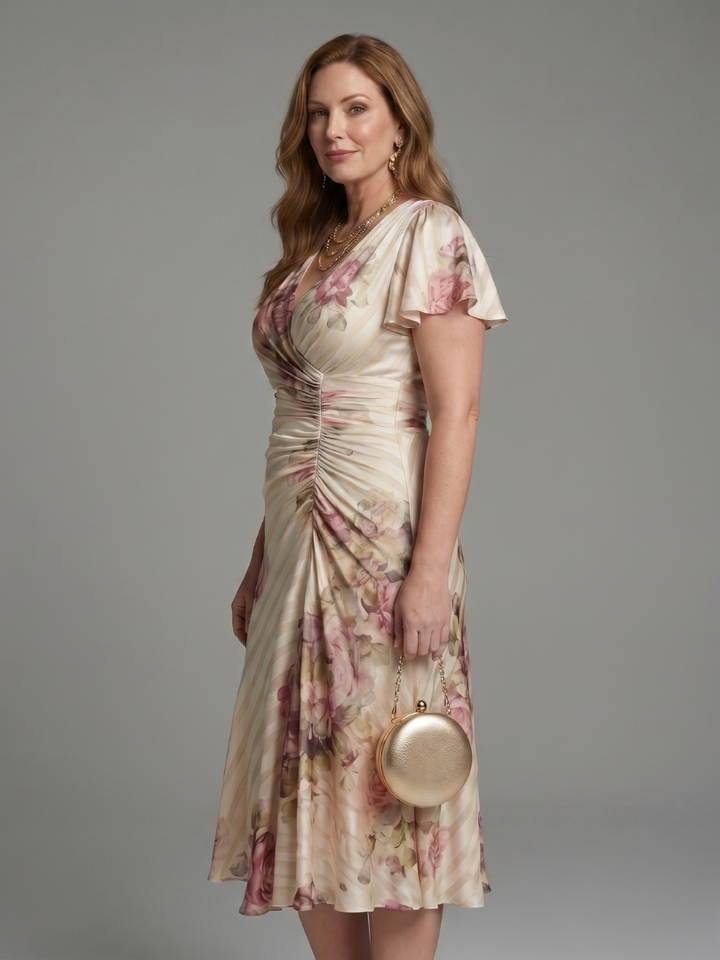 Katarina | Butterfly Sleeve Striped Floral Print Midi Dress