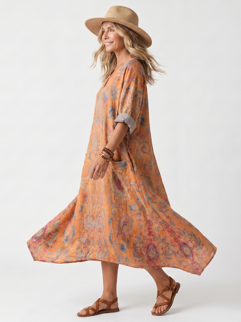Bronte | Notch Neck Printed Oversized Pocket Midi Dress