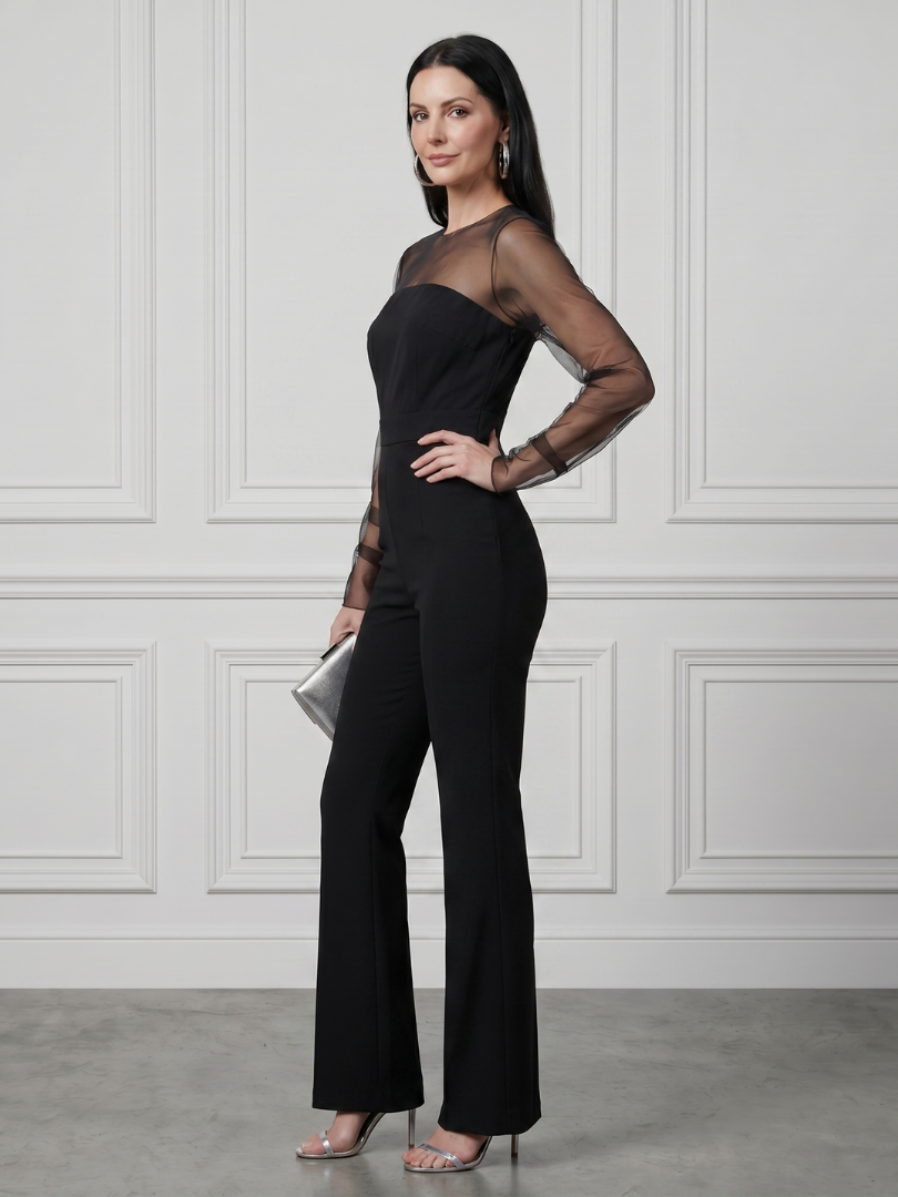 Oksana | Sheer Bodice Flared Leg Jumpsuit