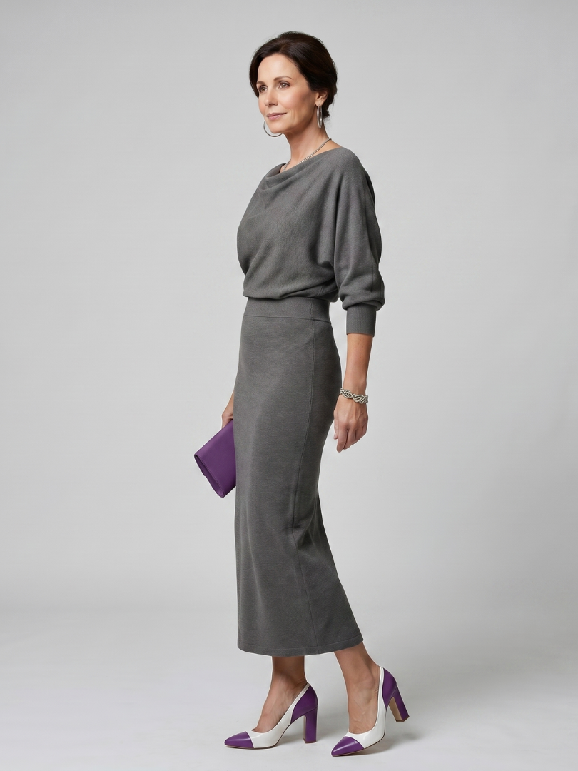 Romy | Fitted Midi Dress with Draped Neckline