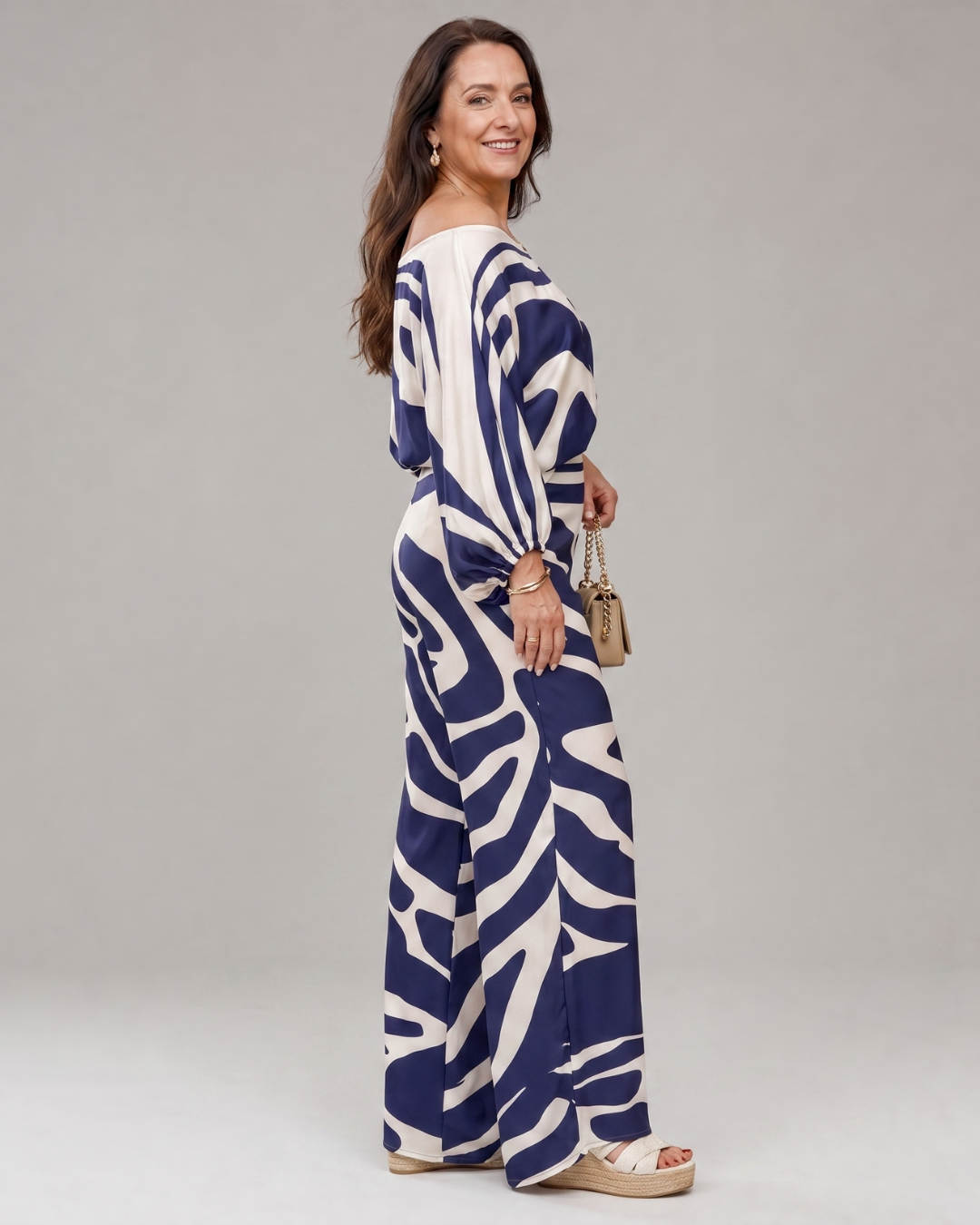 Sulaya | Off-Shoulder Abstract Print Top and Wide-Leg Trousers