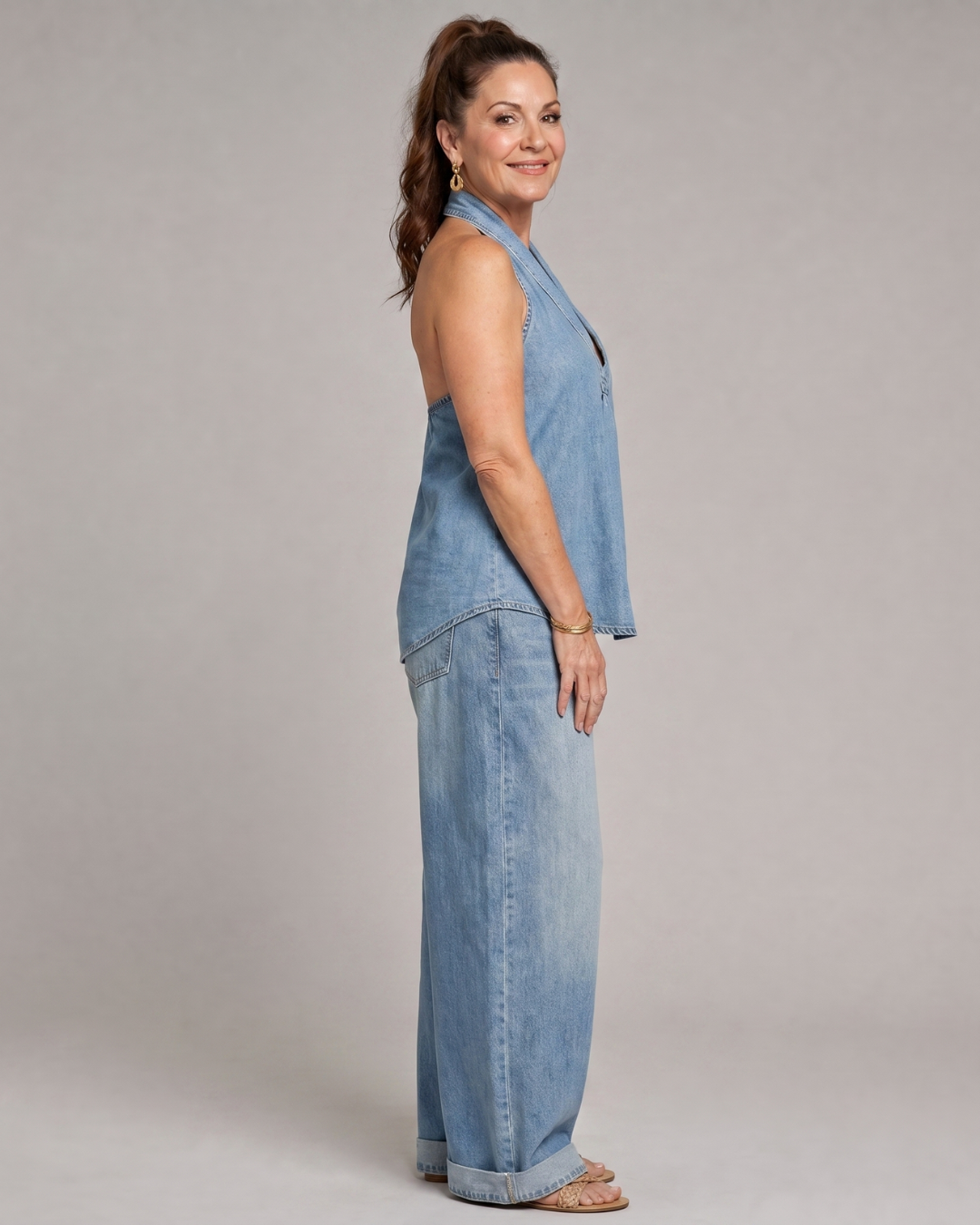 Zorelle | Denim Halter Neck Top and Wide-Leg Trousers