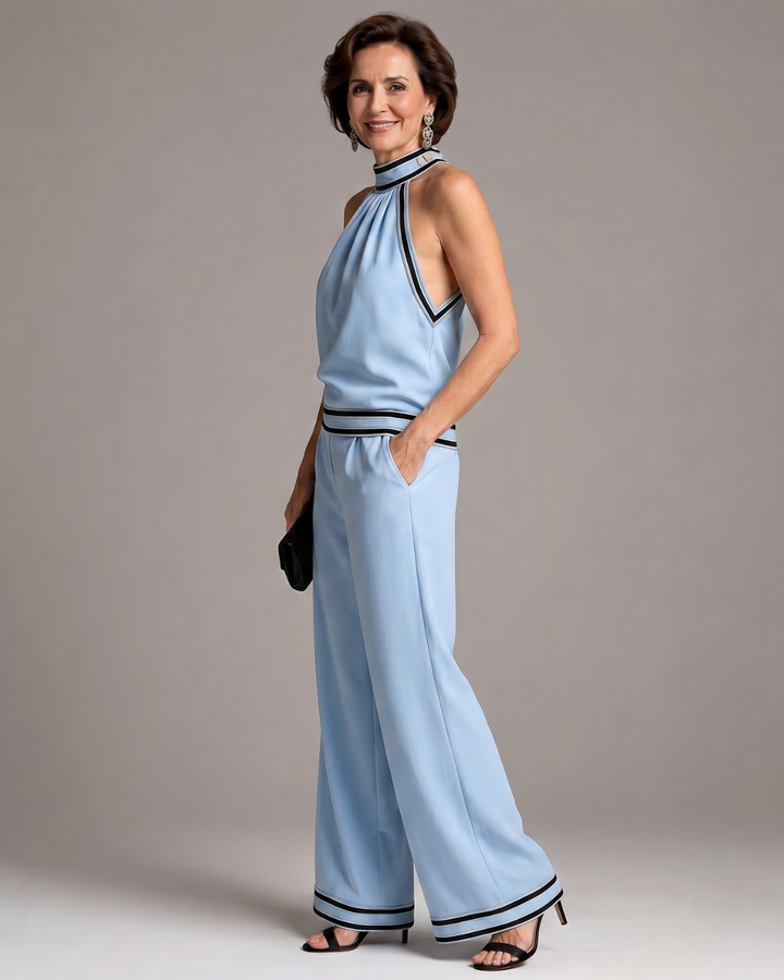 Zephyrine | Halter Neck Wide-Leg Jumpsuit with Contrast Details
