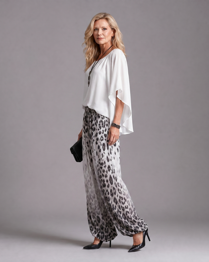Zephyrel | Flowy Chiffon Top and Printed Wide-Leg Trousers Set