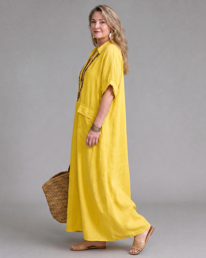 Elakeja | Relaxed Midi Dress with Pocket Detail and Embroidered V-Neck