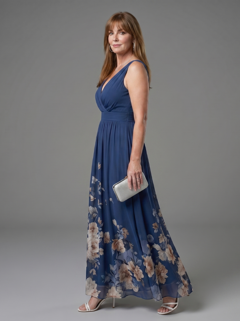 Clarissa | Sleeveless V-Neck Midi Dress with Soft Floral Hem