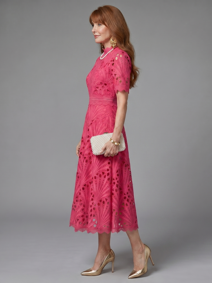Juno | Short-Sleeve Fitted Eyelet Lace Midi Dress