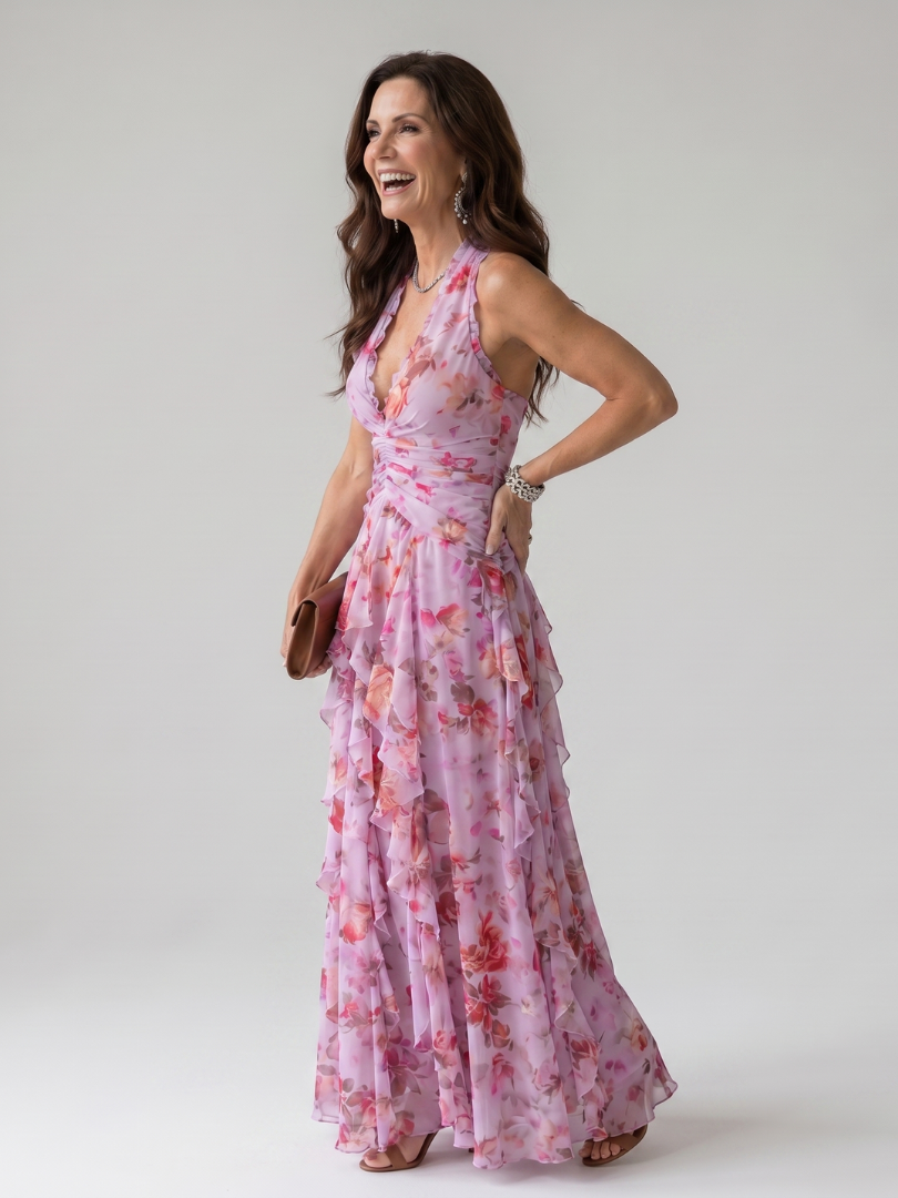 Nori | Floral Maxi Dress with Gathered Bodice and Halter Neck