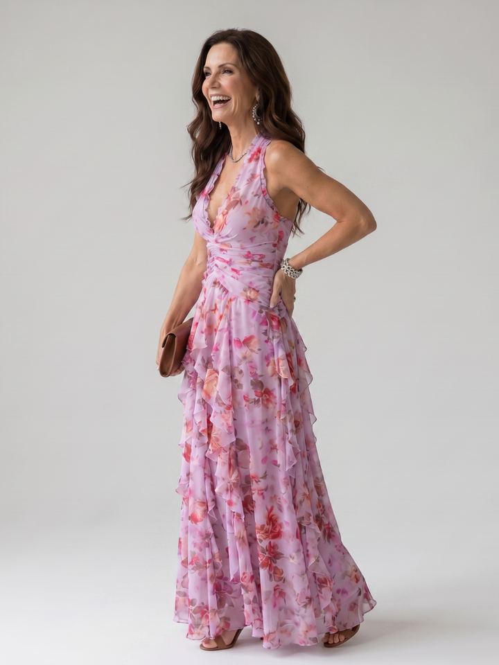 Nori | Floral Maxi Dress with Gathered Bodice and Halter Neck