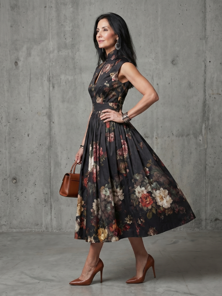 Greta | Pleated Floral High-Neck Keyhole Midi Dress