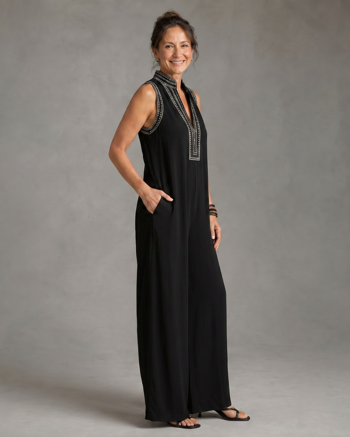 Velmira | Sleeveless Embroidered V-Neck Wide-Leg Jumpsuit