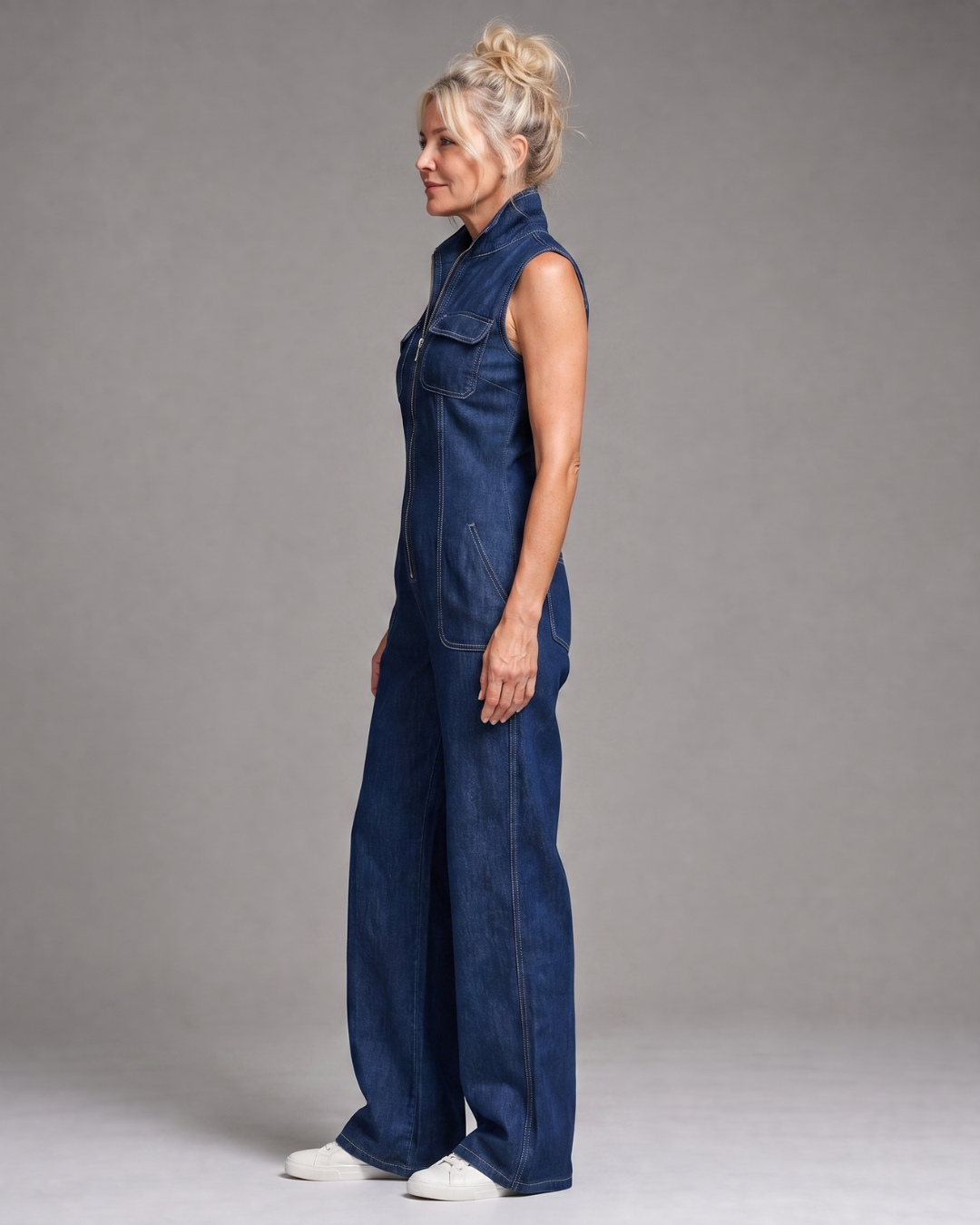 Samantha | Sleeveless Denim Front Zip Jumpsuit