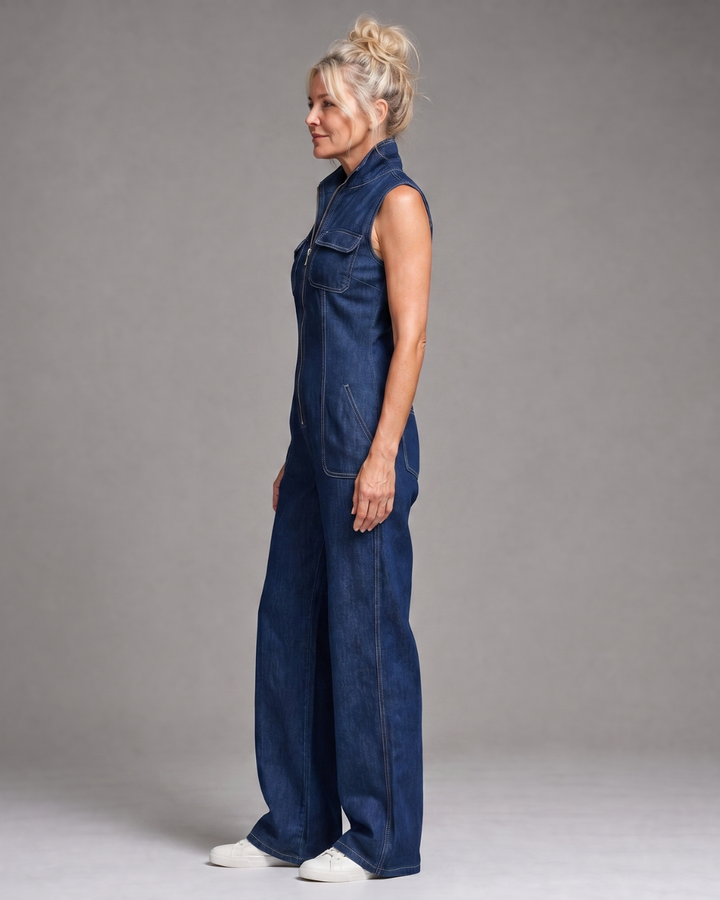 Samantha | Sleeveless Denim Front Zip Jumpsuit
