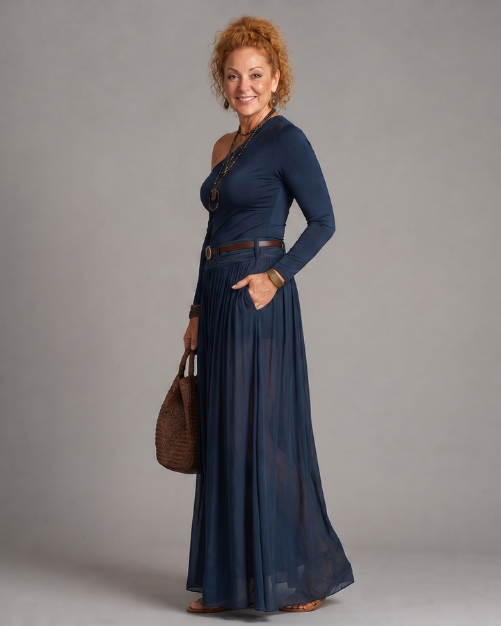 Nythera | One-Shoulder Fitted Top and Pleated Maxi Skirt Set