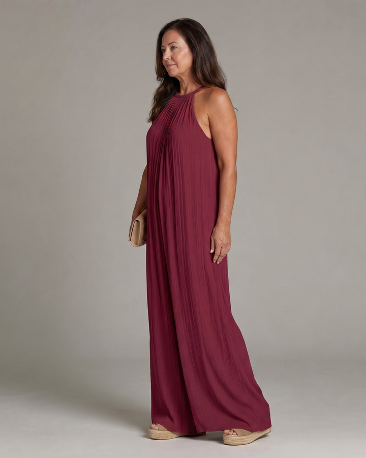 Sylvara | Relaxed Wide-Leg Pleated Halter Neck Jumpsuit