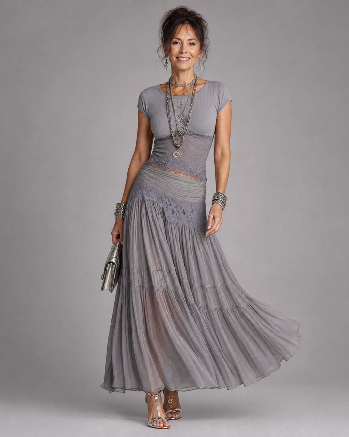 Virelune | Draped Crop Top and Pleated Maxi Skirt Set