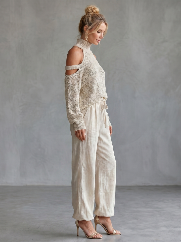 Questo | Off-Shoulder Knit Top and Wide-Leg Trousers Set