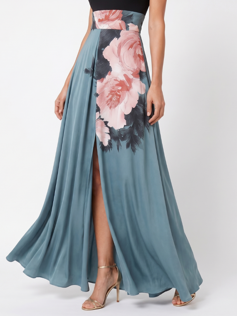 Olympas | Maxi Dress with Halter Bodice and Floral Skirt