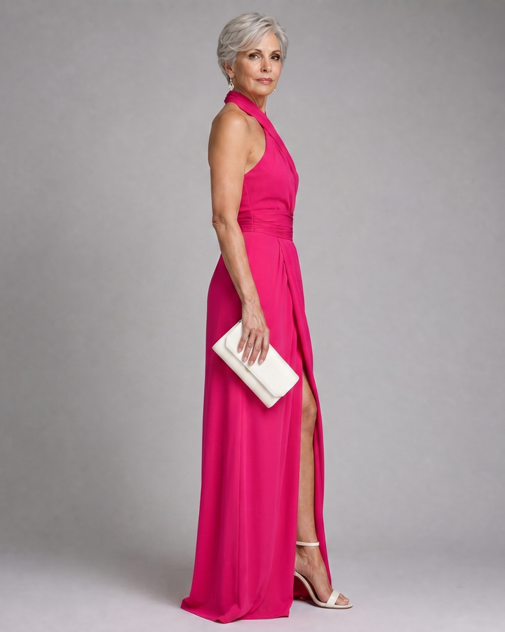 Vaelora | Midi Dress with Crossed Halter Neck and Side Slit