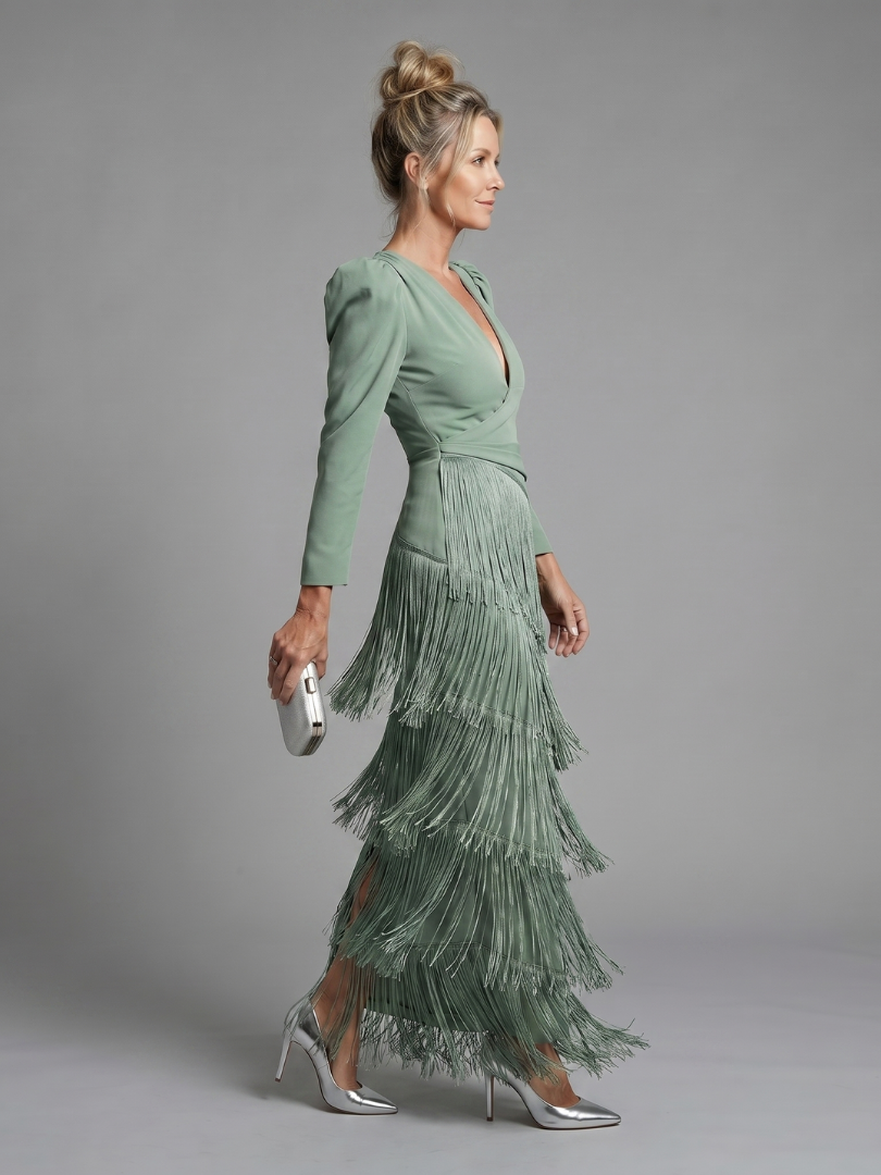 Samara | Long-Sleeve Midi Dress with Soft Fringe
