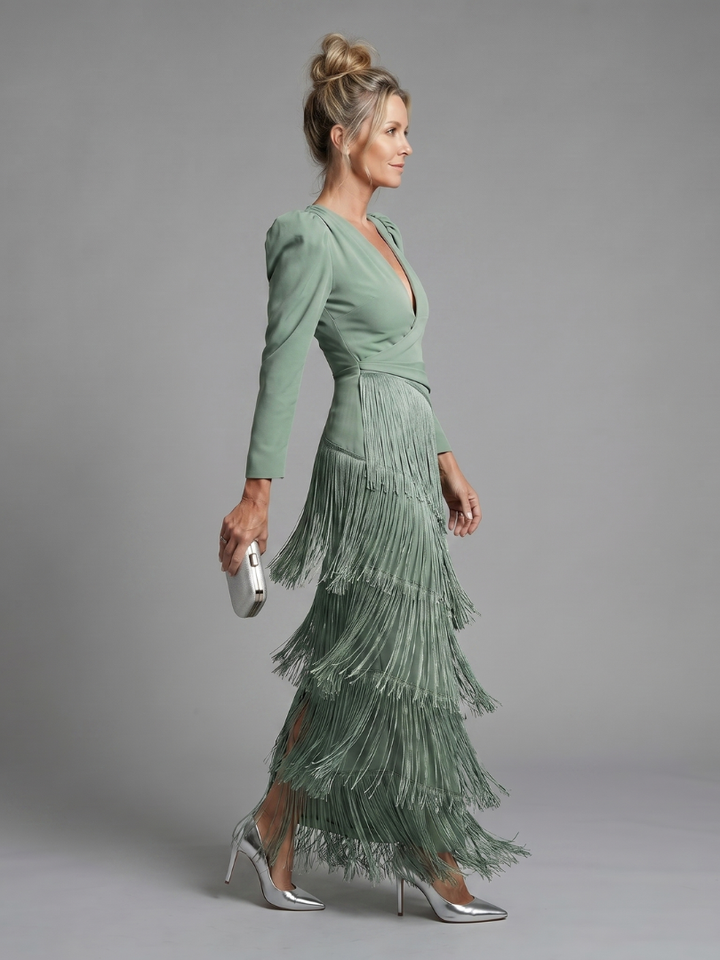 Samara | Long-Sleeve Midi Dress with Soft Fringe
