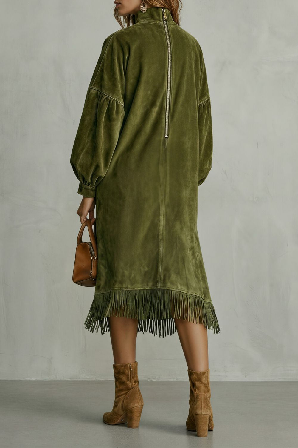 Valdrina – Suede fringe detail – Midi turtleneck dress