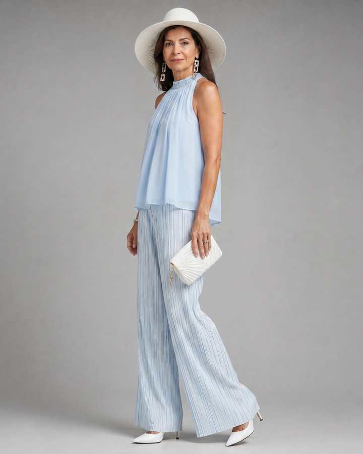 Sylmara | Halter Neck Flowy Top and Pleated Wide Trousers Set