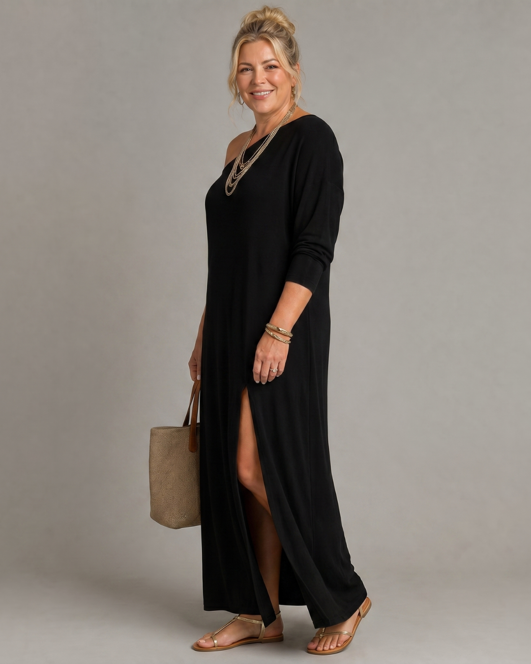 Asterelle | Off-Shoulder Flowy Midi Dress with Side Slit