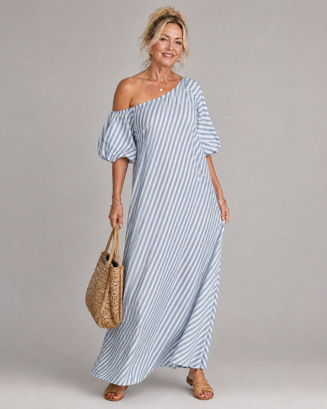 Zamrina | Striped Midi Dress with Off-Shoulder Ruffle Sleeves