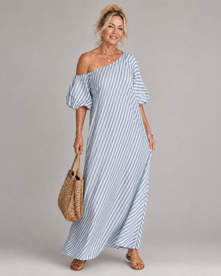 Zamrina | Striped Midi Dress with Off-Shoulder Ruffle Sleeves