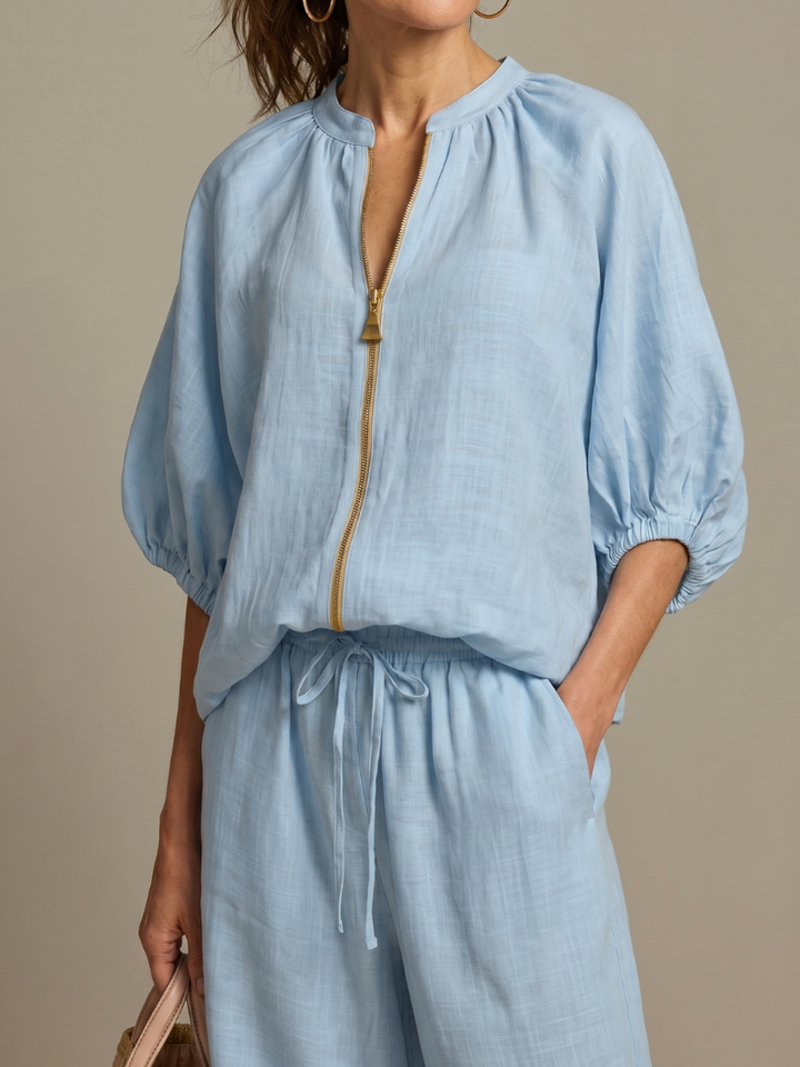 Natalia | Zip Blouson Top and Wide-Leg Trousers