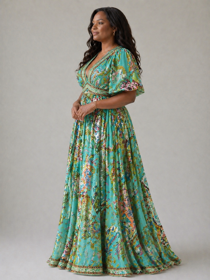 Stella & Grace™ | Lightweight Maxi Dress with Balloon Sleeves and V-Neck