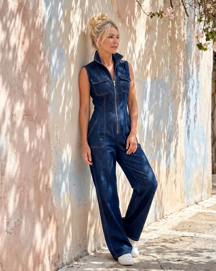 Samantha | Sleeveless Denim Front Zip Jumpsuit