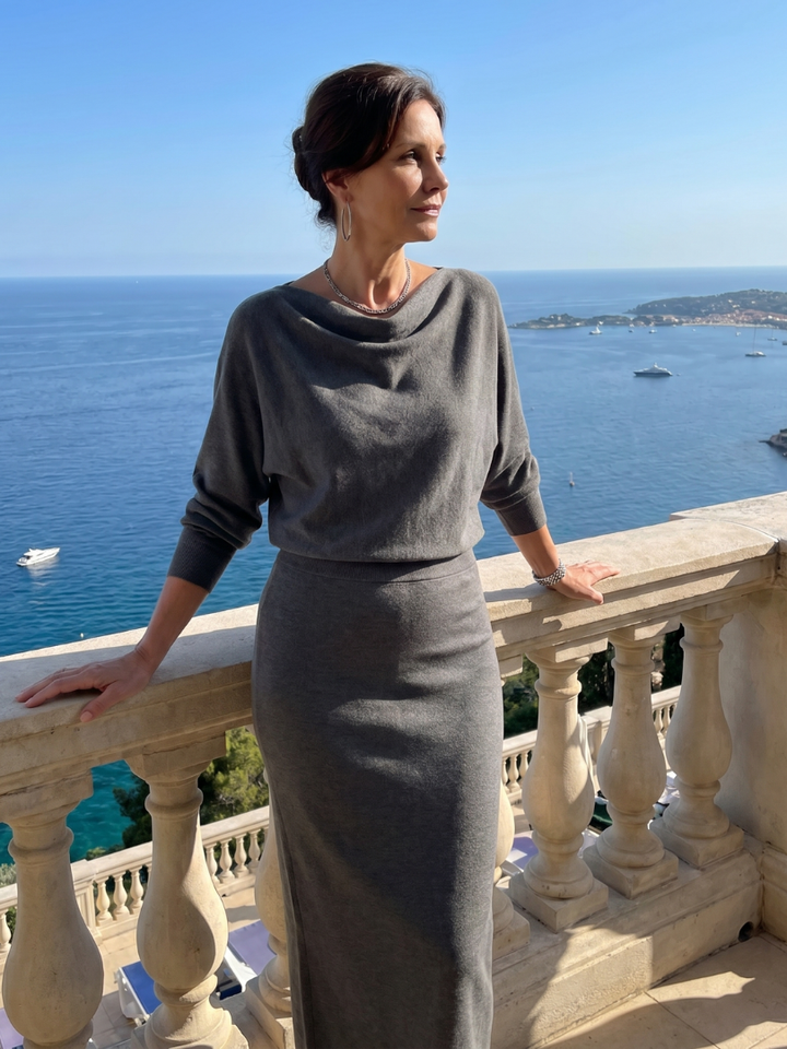 Romy | Fitted Midi Dress with Draped Neckline