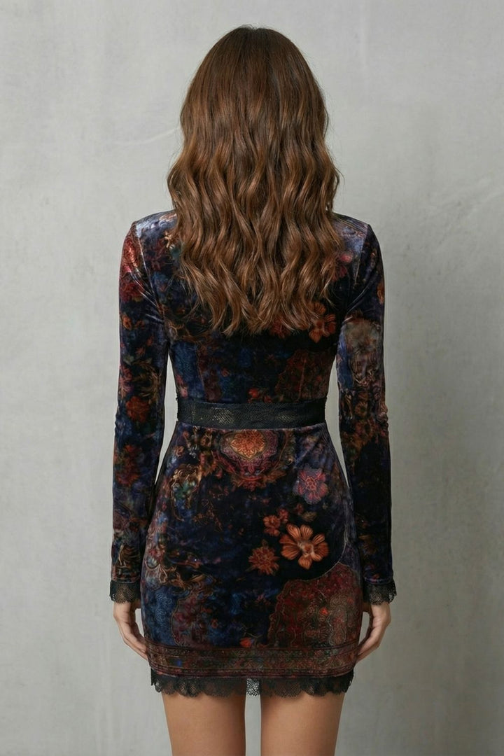 Solenza – Baroque lace plunge – Velvet mini dress