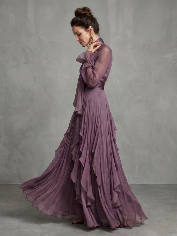 Demetria | Maxi Dress with Bow Collar and Tiered Stripes