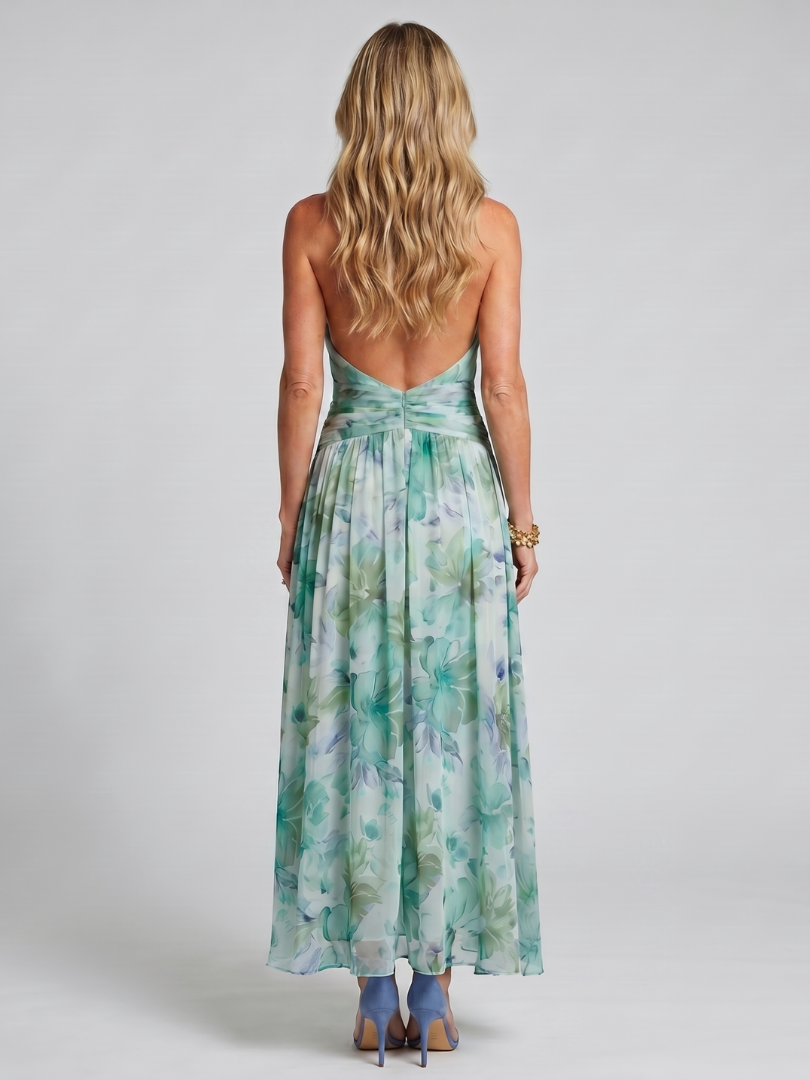 Portia | Pleated Halterneck Midi Dress with Floral Pattern