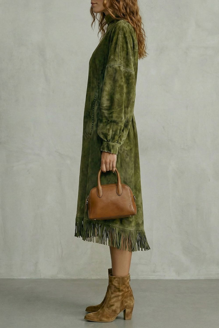 Valdrina – Suede fringe detail – Midi turtleneck dress