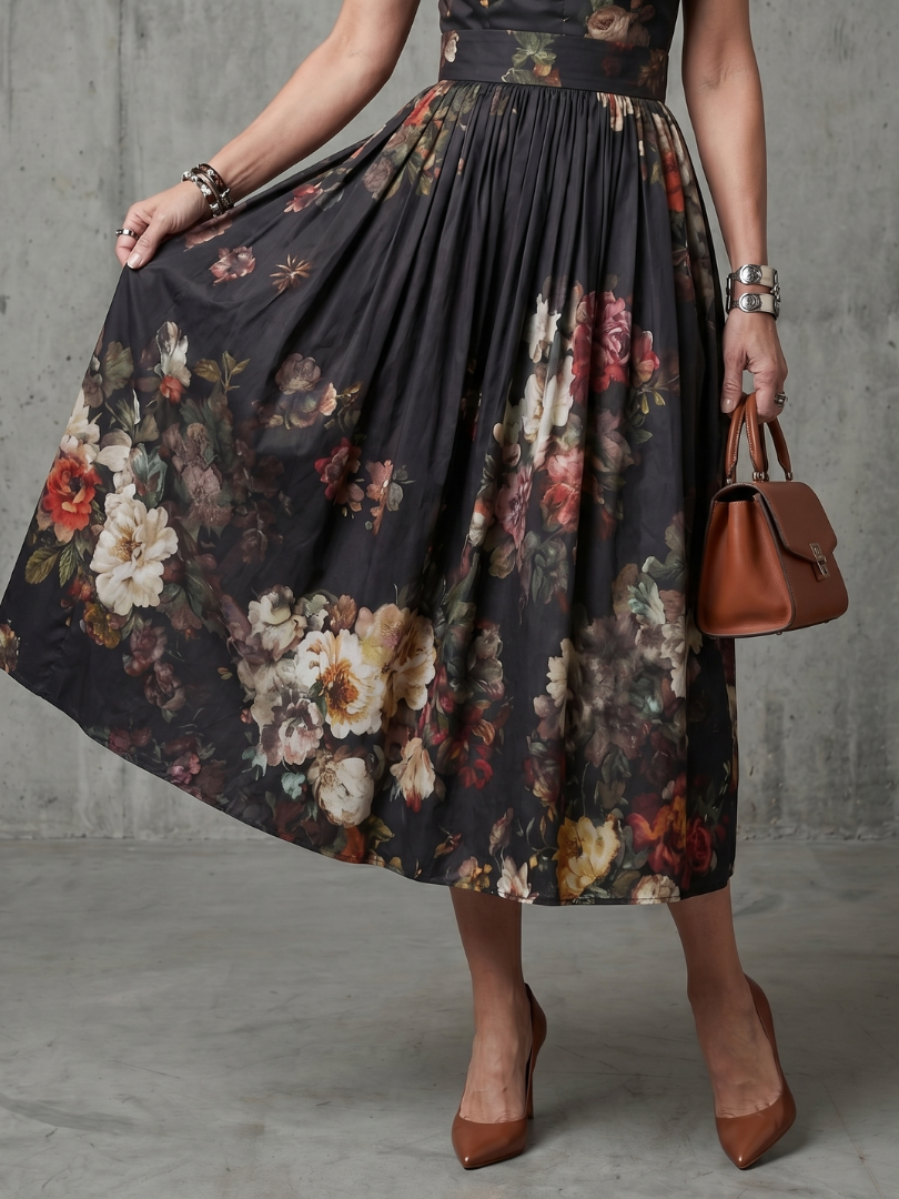 Greta | Pleated Floral High-Neck Keyhole Midi Dress