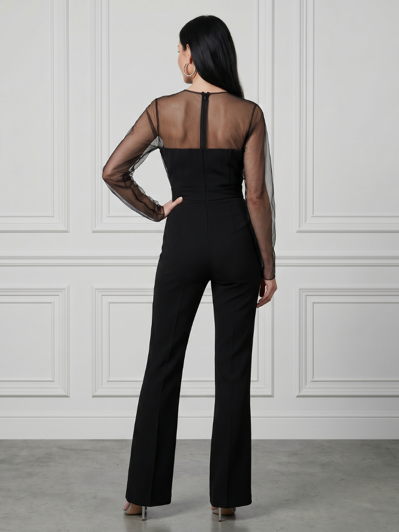 Oksana | Sheer Bodice Flared Leg Jumpsuit