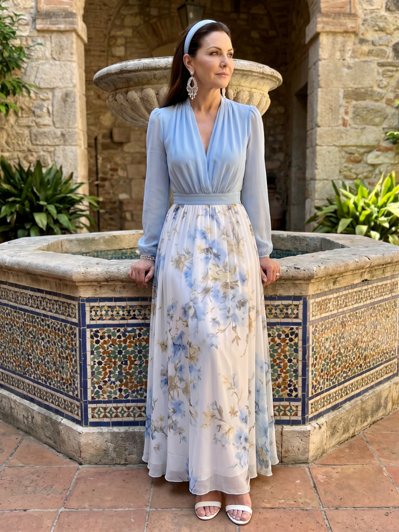 Augusta | Floral Maxi Dress with Sheer V-Neck Bodice