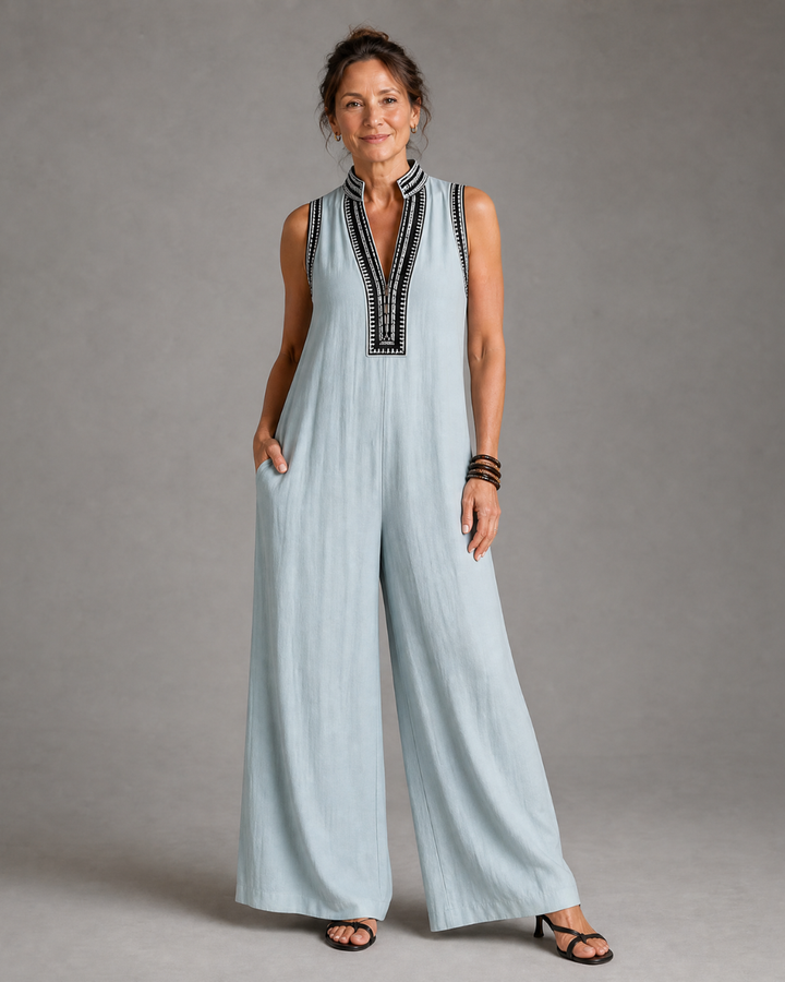 Velmira | Sleeveless Embroidered V-Neck Wide-Leg Jumpsuit