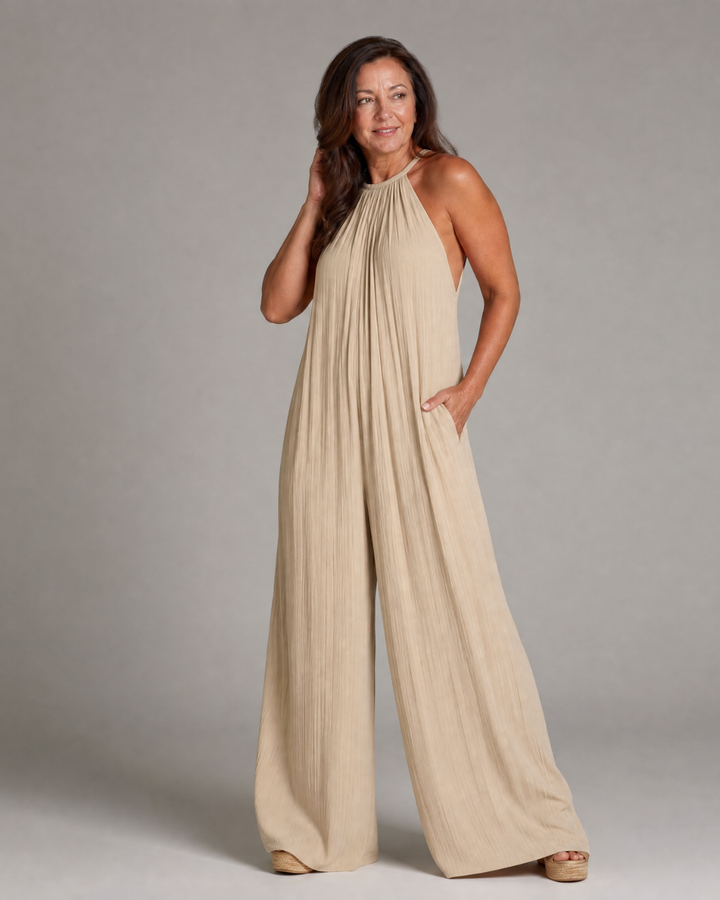 Sylvara | Relaxed Wide-Leg Pleated Halter Neck Jumpsuit